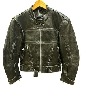 Y2K Cropped Leather Jacket Black Biker Style White Stitching Heavy VintageSize M